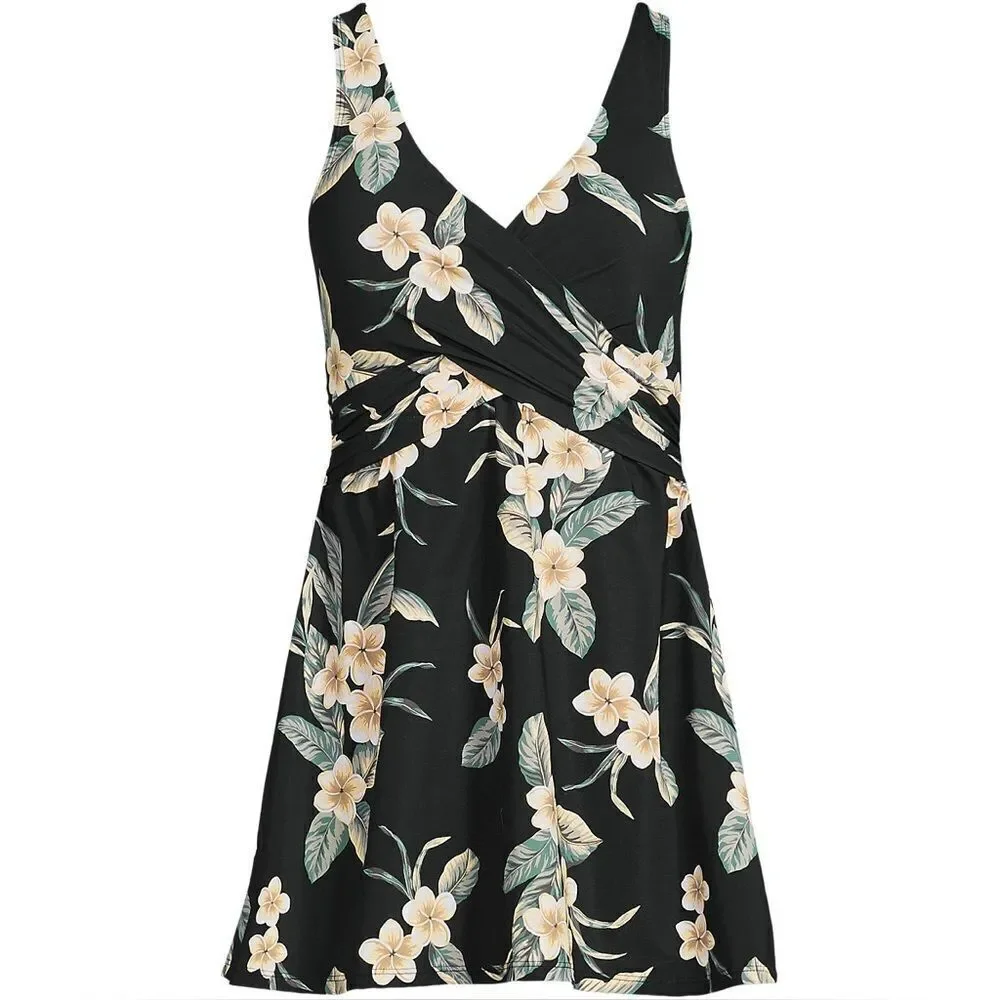 Land's End Slender Suit Swim Dress 1 Piece black plumeria floral Various sizes
